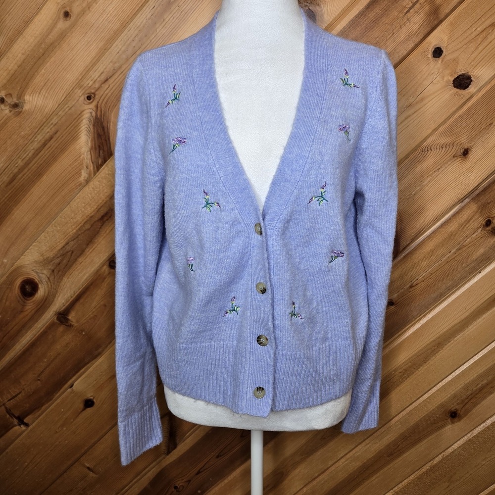 It's Our Time Purple Button Cardigan Embroidered Flowers Sz Large Womens